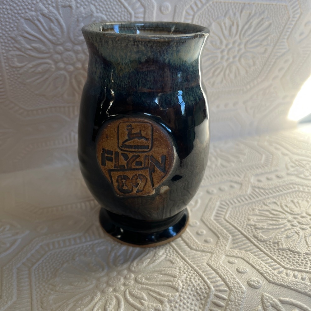 John Deere Fly-In 89 Studio Pottery Mug Signed Handcrafted Stoneware Blue Glaze